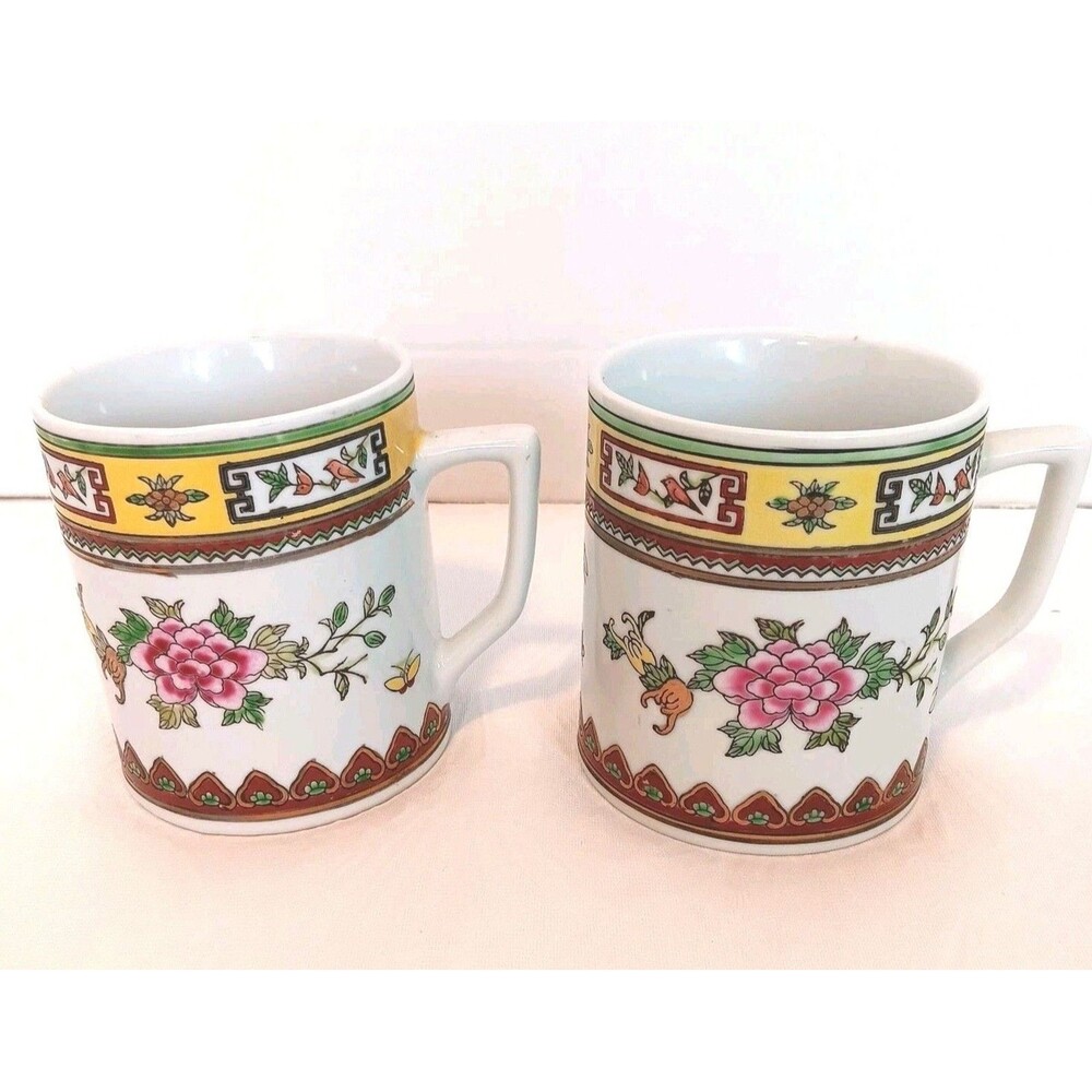 Vtg Famille Rose PEONY POMEGRANATE Mugs (Set of 2) | Jingdezhen China Export